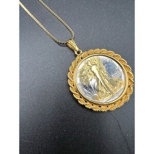 VTG 1945 US 90% silver Coin Walking Liberty Pendant Monet 24" Necklace Gold Tone
